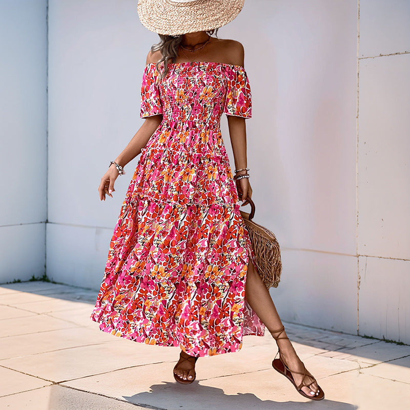 Damen Stufiges Maxikleid mit Carmen‑Ausschnitt, Smok‑Bustier und Seitenschlitz Echoarchiv