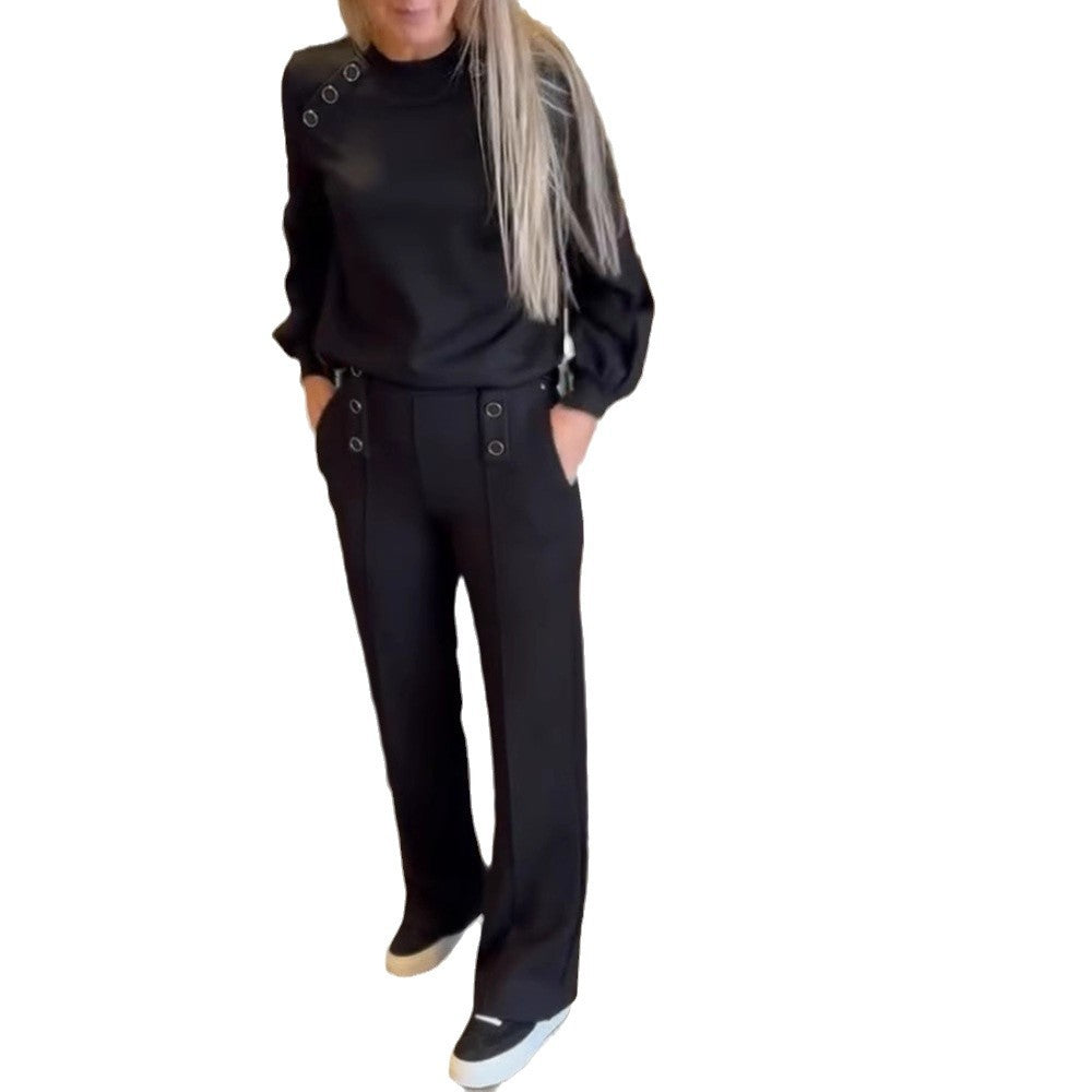 Damen nan sportlich-elegantes Jersey-Zweiteiler mit Ösenverzierung, hochgeschnittener Bundhose im Marlene-Schnitt Echo Archiv