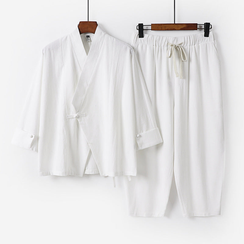 Herren Atmungsaktives Leinen-Baumwoll Lounge-Set mit asymmetrischem V-Kragen und elastischer Kordelhose Echoarchiv