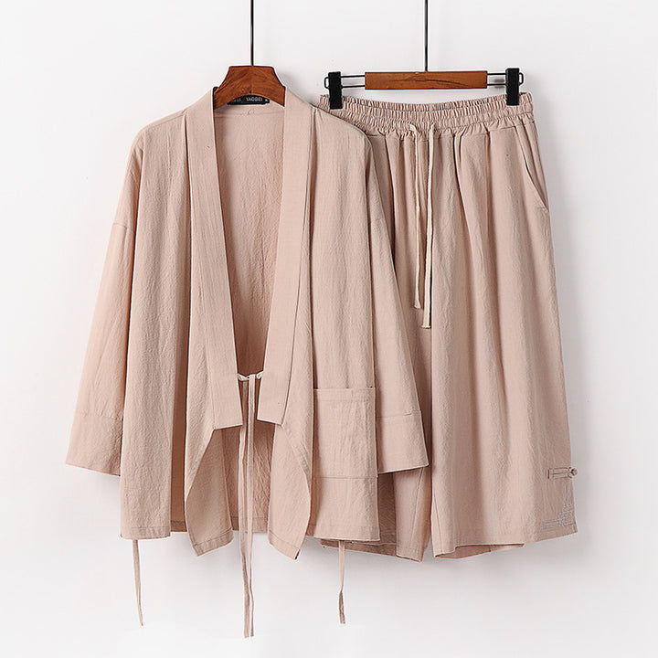 Damen Zen-Kimono-Lounge-Set aus atmungsaktivem Baumwollmix mit Bindebandjacke und weiten Culotte-Hose Echoarchiv