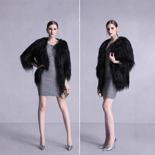 Damen Langfloriger Kunstpelz‑Mantel mit offener Front und eleganter Silhouette Echo Archiv
