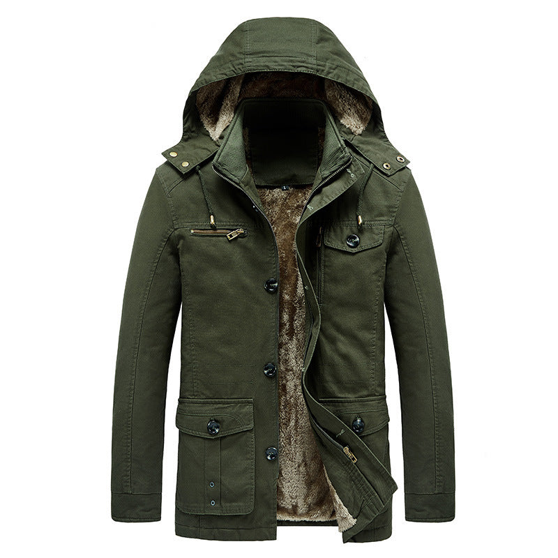Herren gefütterter Kapuzenparka im Canvas‑Look mit Teddyfutter und Multifunktions‑Taschen Echoarchiv