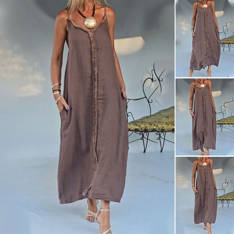 Damen nan luftiges Leinenoptik-Maxi-Trägerkleid mit fransiger Mittelnaht und Eingrifftaschen Echo Archiv