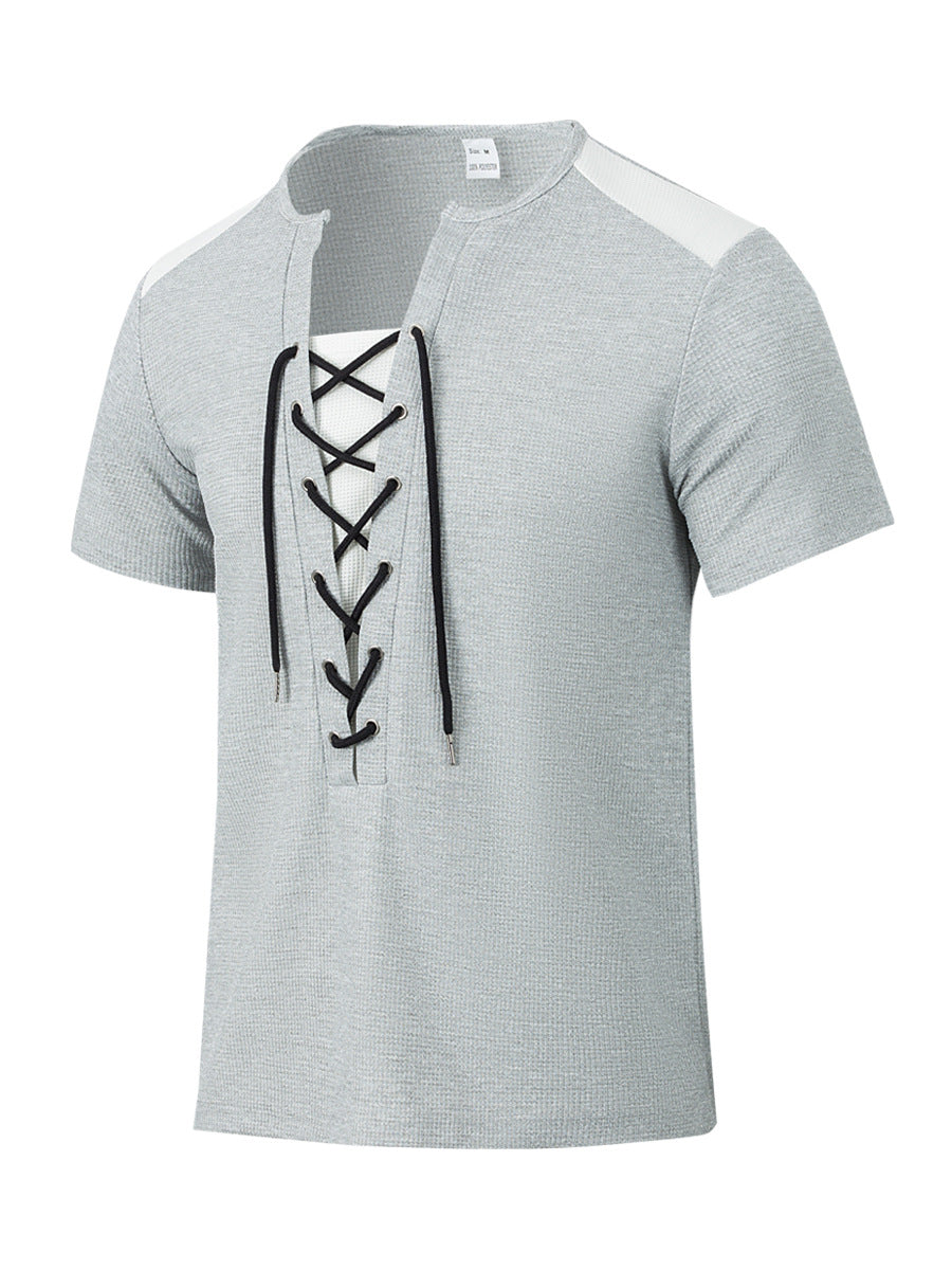 Herren Kurzarm-Henley-Shirt mit modischem Schnürdesign Echoarchiv