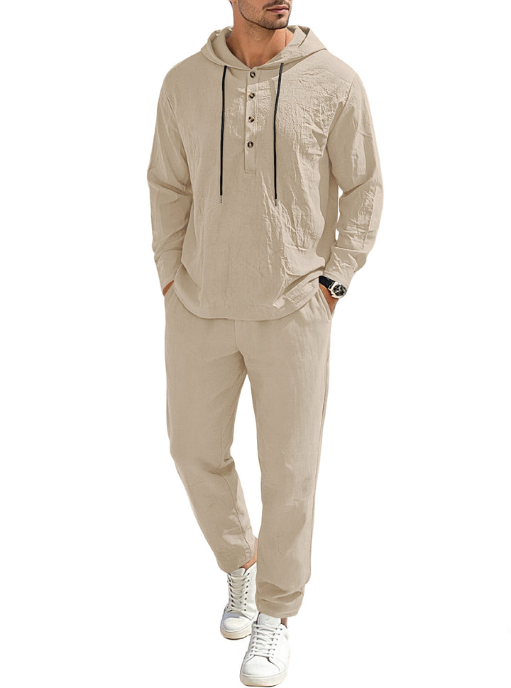 Herren nan entspannter Kapuzen-Henley Freizeitanzug aus leichter Baumwollmischung in Leinenoptik mit Kordelzug und elastischer Bundhose Echo Archiv