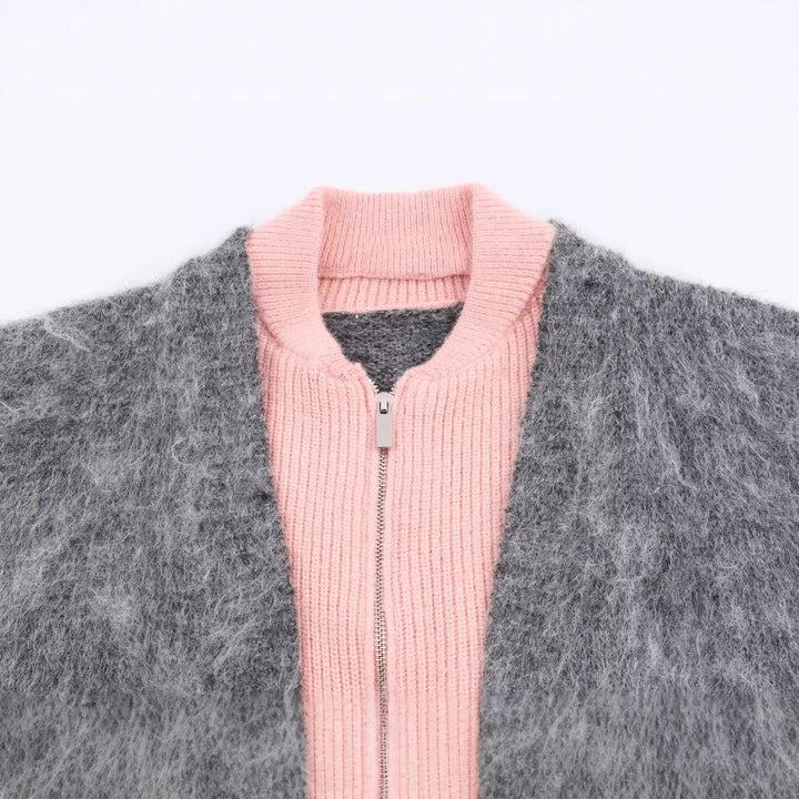 Damen kuscheliger Mohair‑Optik Cardigan mit integrierter Reißverschluss‑Innenjacke und Bomberkragen – Veloura