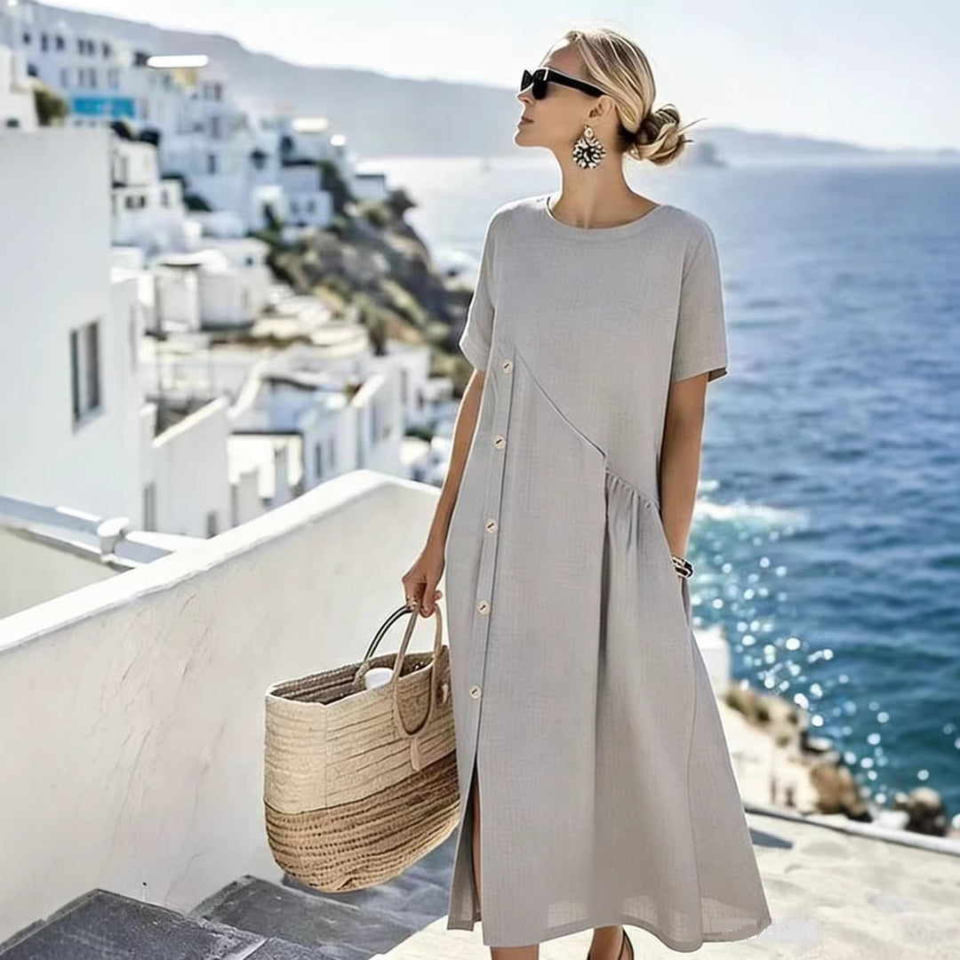 Damen Luftiges Sommerkleid mit seitlicher Knopfleiste, kurzen Ärmeln und Schlitz – Lunéa
