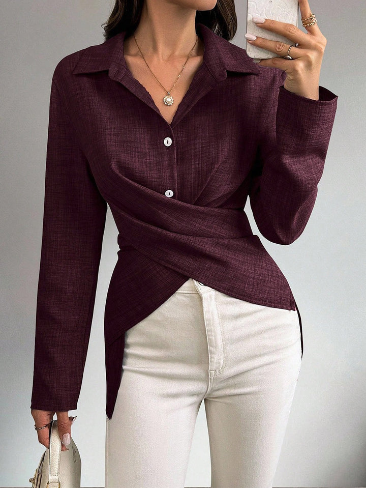 Damen Wickelbluse mit Hemdkragen und asymmetrischem Saum Echoarchiv
