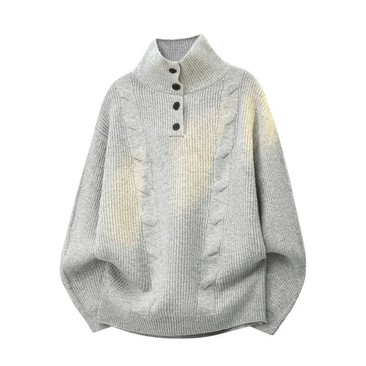 Damen Oversize Zopfstrickpullover mit hohem Rollkragen und Knopfleiste Echoarchiv