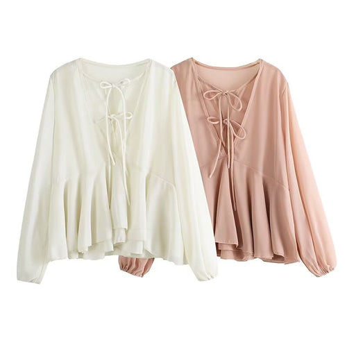 Damen Weiche Chiffonbluse mit Schnürung, V‑Ausschnitt und Volantsaum Echo Archiv