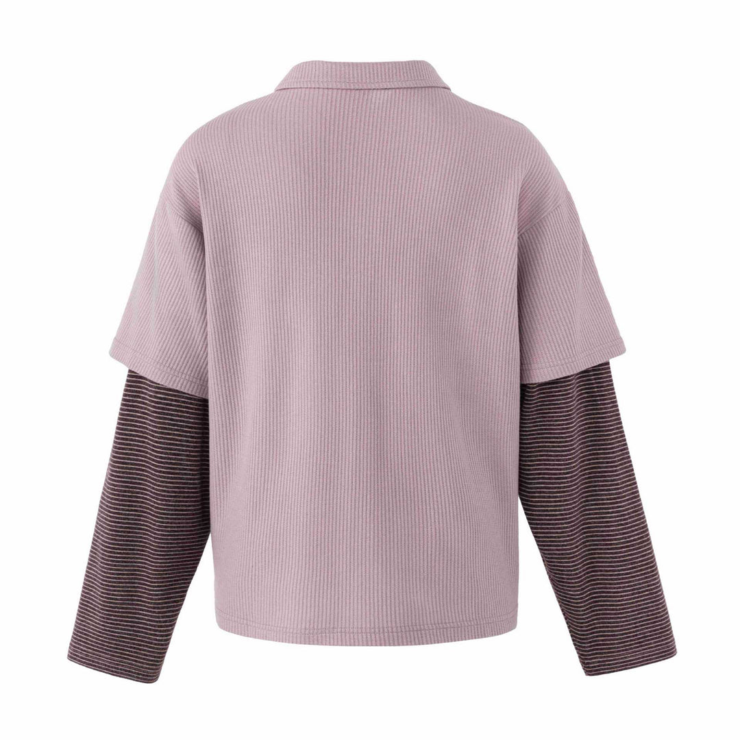Damen Lässiges Layered-Polo-Shirt mit Rippenstruktur und gestreiften Einsatzärmeln Echoarchiv