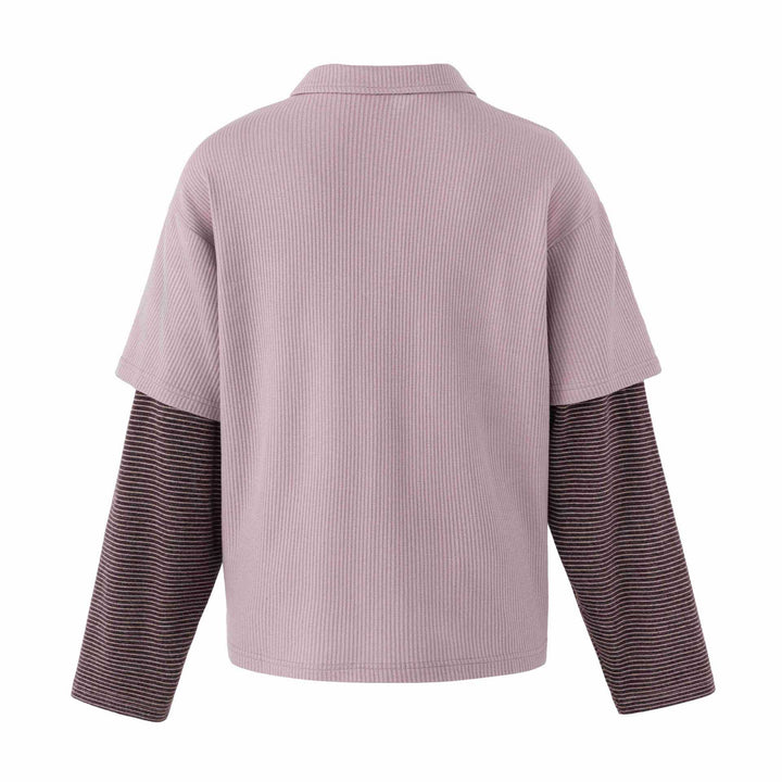 Damen Lässiges Layered-Polo-Shirt mit Rippenstruktur und gestreiften Einsatzärmeln Echoarchiv