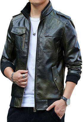 Herren Kunstleder-Flightjacke mit Brust- und Reißverschlusstaschen, Stehkragen und Rippbündchen – Taviero