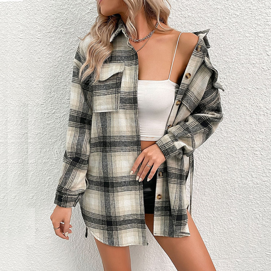 Damen Kariertes Longline-Hemdmantel mit Knopfleiste und Taillengürtel Echoarchiv