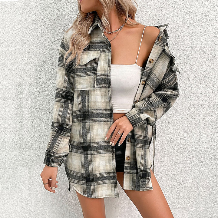 Damen Kariertes Longline-Hemdmantel mit Knopfleiste und Taillengürtel Echoarchiv