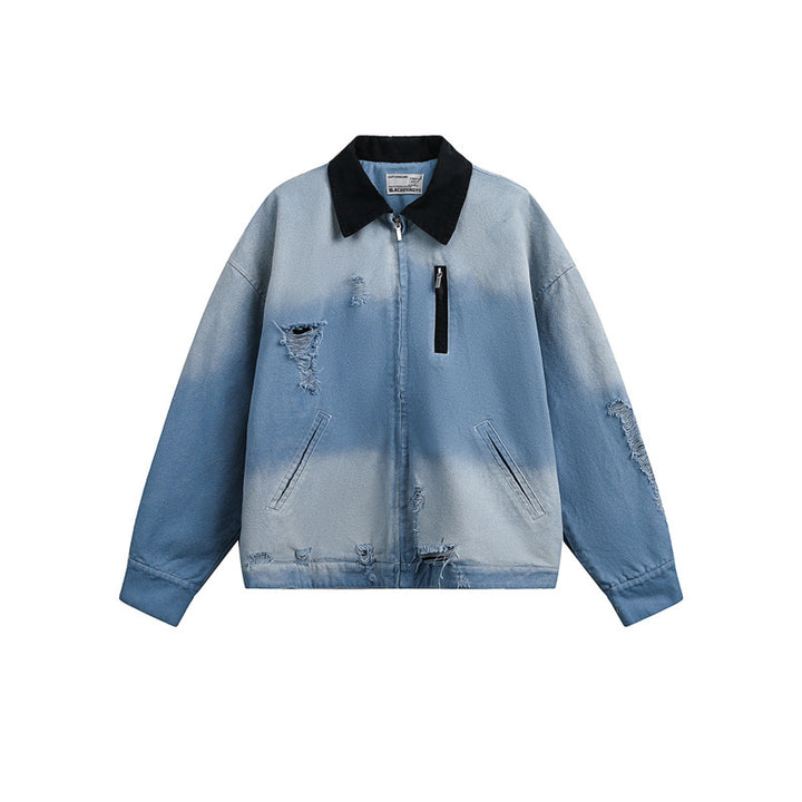 Herren Gekürzte Denim‑Blousonjacke im Used‑Look mit Cordkragen und Distressed‑Details Echoarchiv