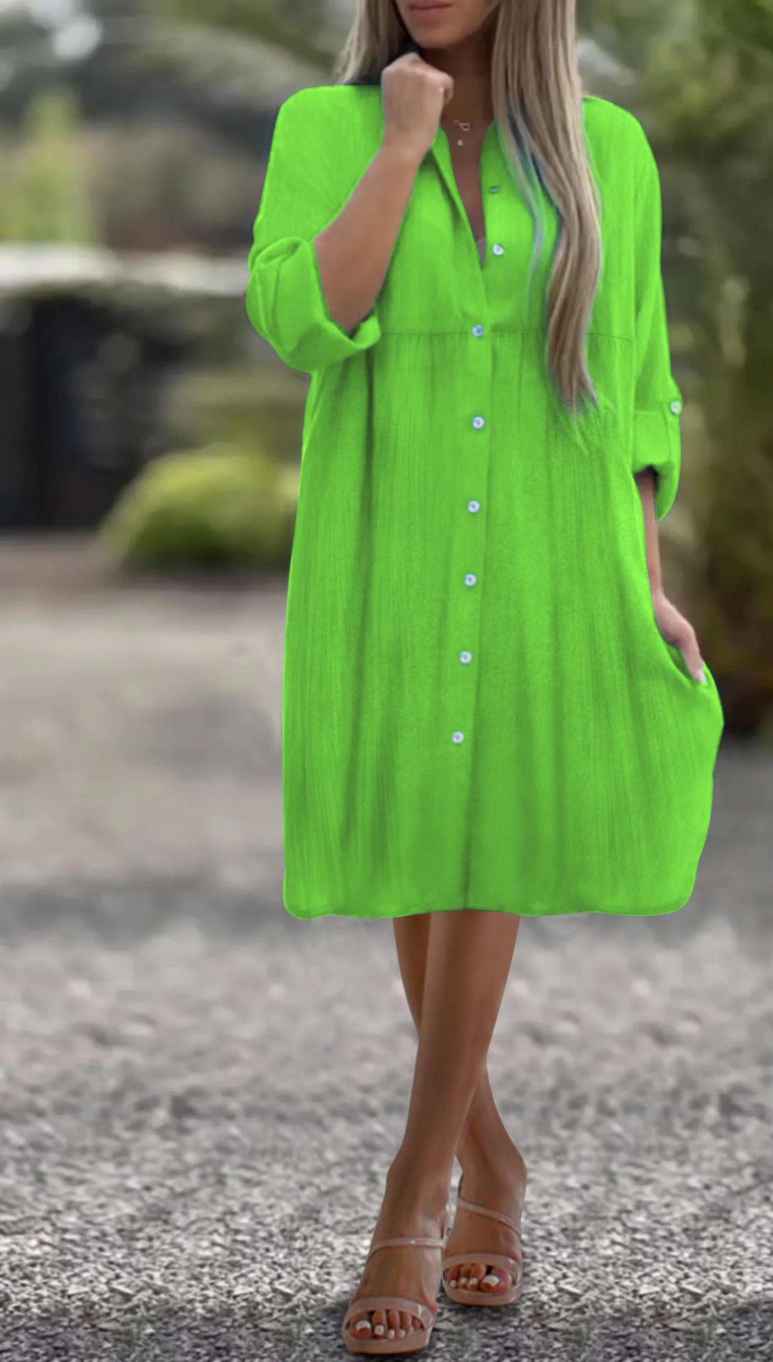 Damen Lockeres Hemdkleid mit Knopfleiste, 3/4-Ärmeln und Seitentaschen – Lunéa