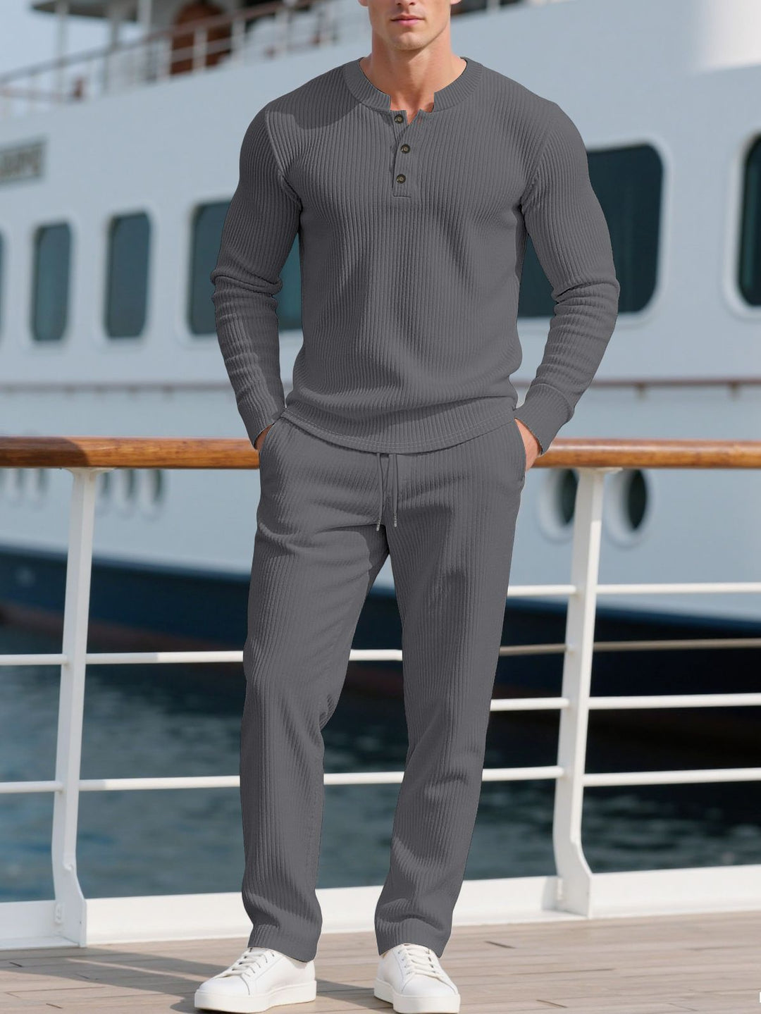 Herren Komfortabler Langarm-Hoodie mit modischer Knopfleiste und elastischer Bundverarbeitung Echoarchiv