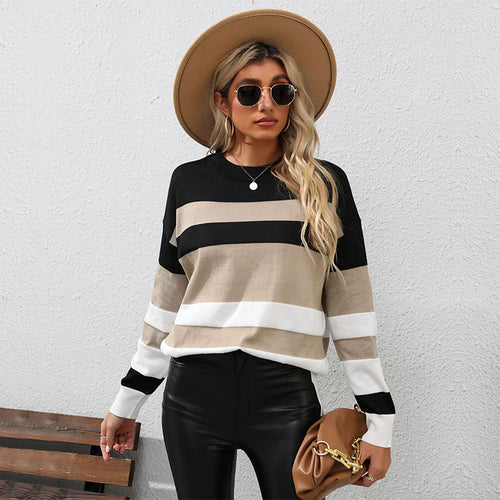 Damen Gestreifter Oversize-Feinstrickpullover mit Rundhalsausschnitt und Rippbündchen Echoarchiv