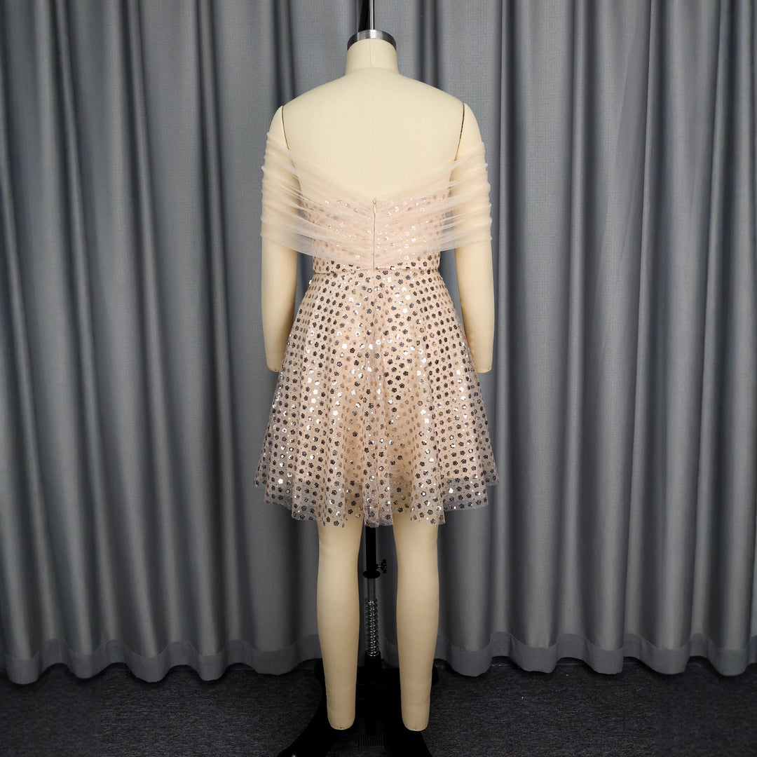 Damen Glamouröses Cocktailkleid mit transparentem Tüllüberzug und funkelnden Pailletten Echo Archiv