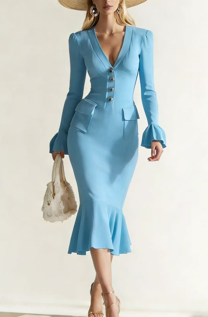 Damen Elegantes tailliertes Midikleid mit Trompetensaum, V‑Ausschnitt und Aufgesetzten Taschen – Élara