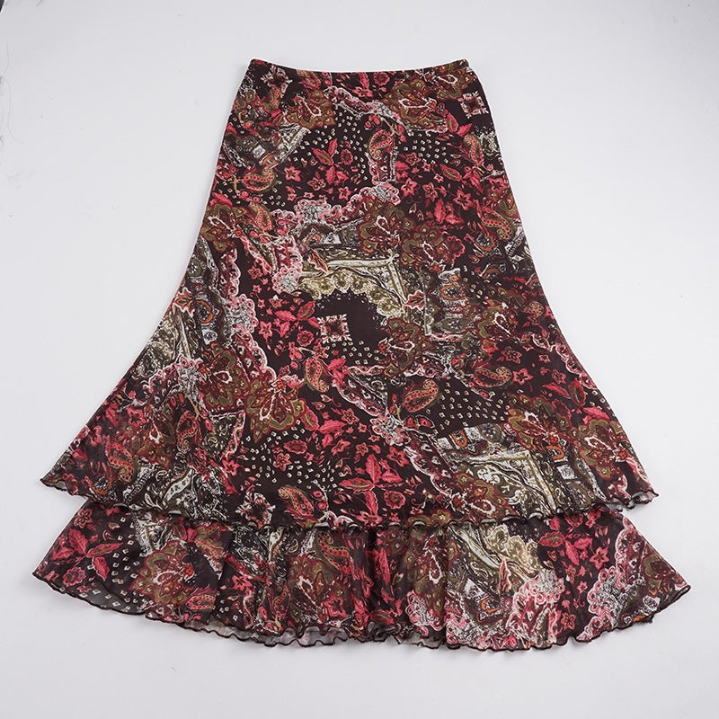 Damen Chiffon-Midirock mit mehrlagigem Volant, Paisley-Print und Zipfelsaum – Rosévia