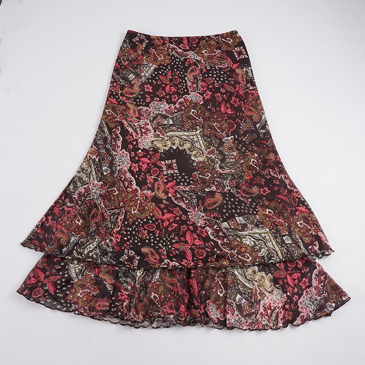 Damen Chiffon-Midirock mit mehrlagigem Volant, Paisley-Print und Zipfelsaum – Rosévia