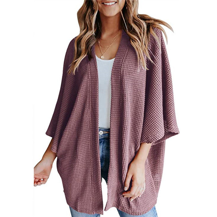 Damen Waffelstrick Offener Kimono-Cardigan mit Fledermausärmeln Echo Archiv