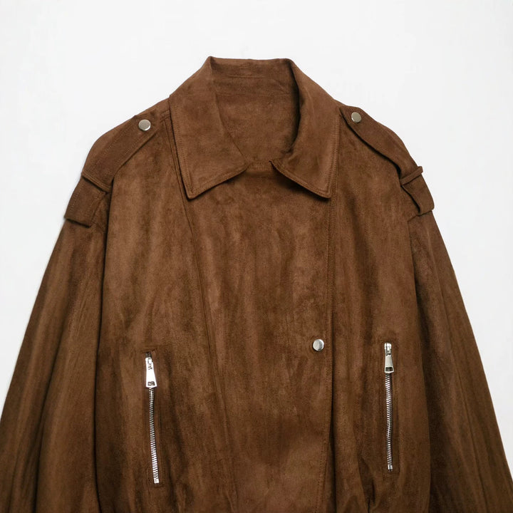 Damen Kurz geschnittene Wildleder-Bikerjacke mit Schulterklappen Echo Archiv