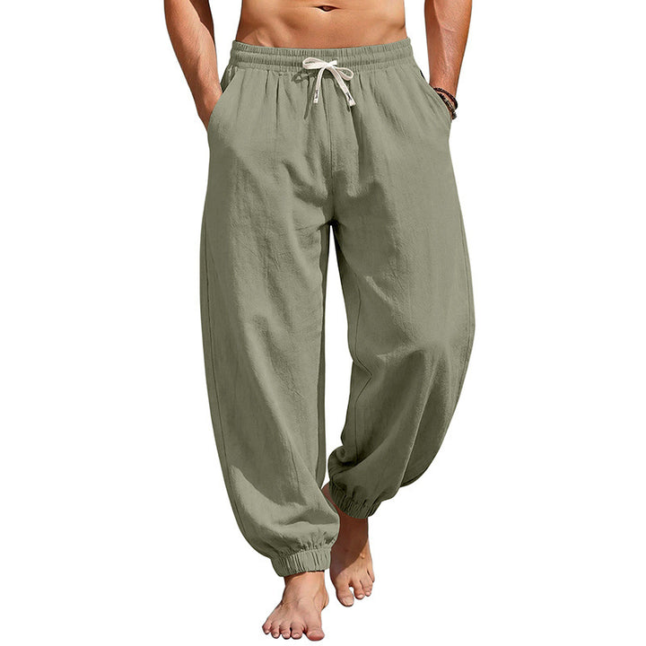 Herren Weite Leinenoptik-Strandhose mit Kordelzug, elastischem Bund und gerafften Beinabschlüssen – Sorevano