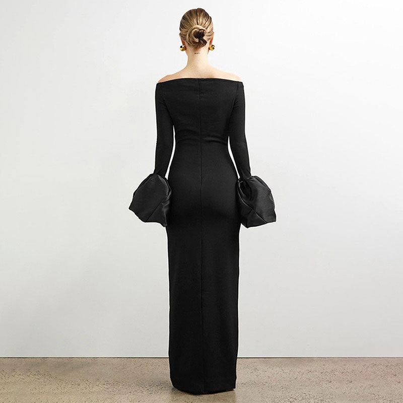 Damen Elegantes Langarm-Maxikleid mit Off-Shoulder-Ausschnitt und Rüschendetails Echo Archiv