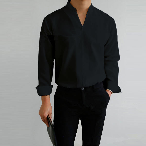Herren Langarmhemd im modernen Mandarin-Kragen-Stil mit eleganter Knopfblende Echoarchiv
