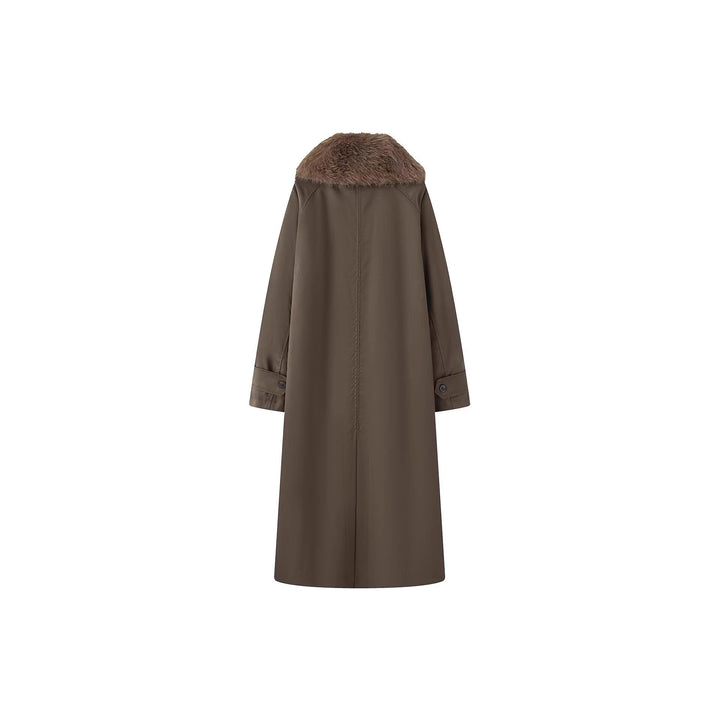 Damen langer Oversize Wollmantel mit abnehmbarem Kunstfellkragen und seitlichen Eingrifftaschen Echo Archiv