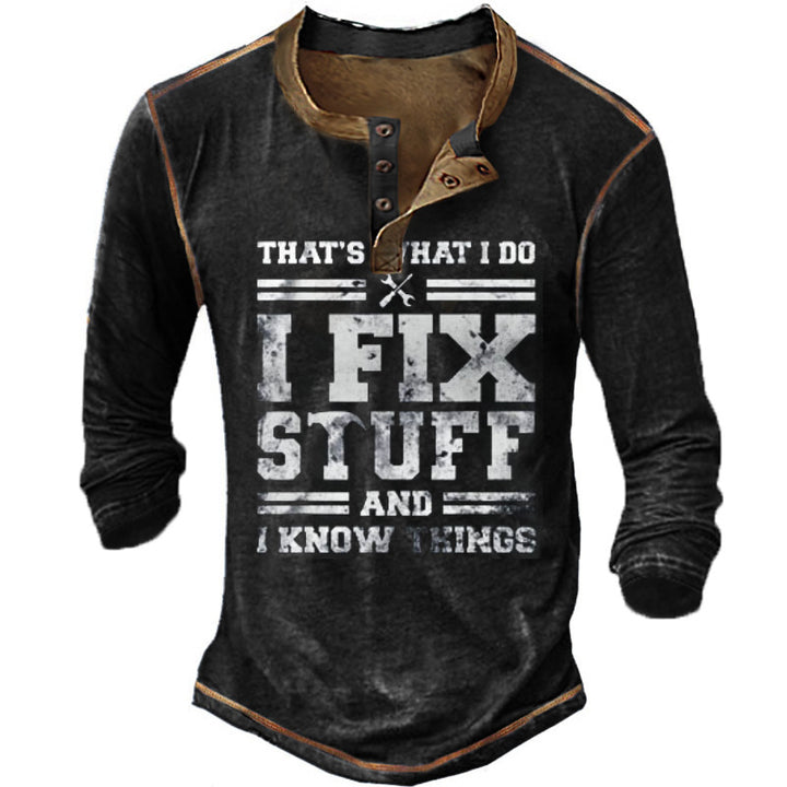 Herren Langarm Henley-T-Shirt mit kreativem Druck und stilvollem Knopfverschluss Echoarchiv