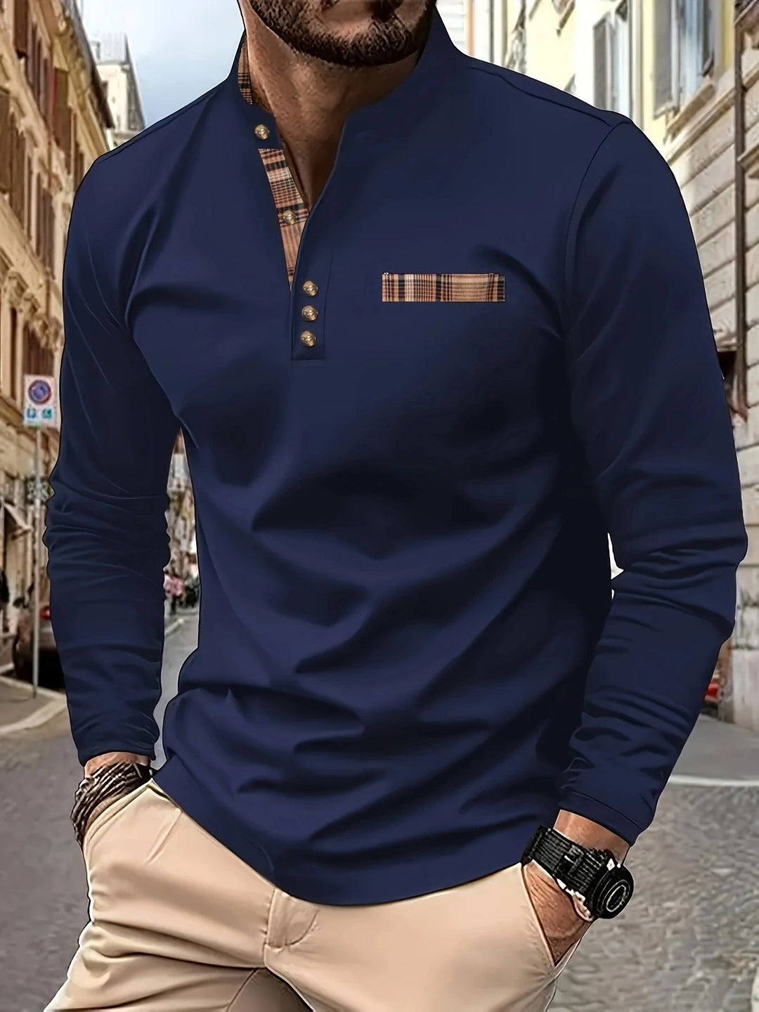 Herren langärmliges Poloshirt mit modernem Karomuster Echoarchiv