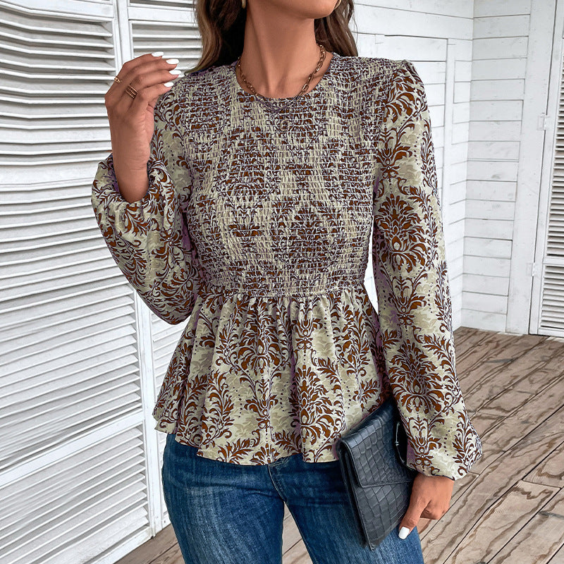 Damen Gerafftes Smock-Blusenshirt mit Peplum und voluminösen Puffärmeln Echoarchiv