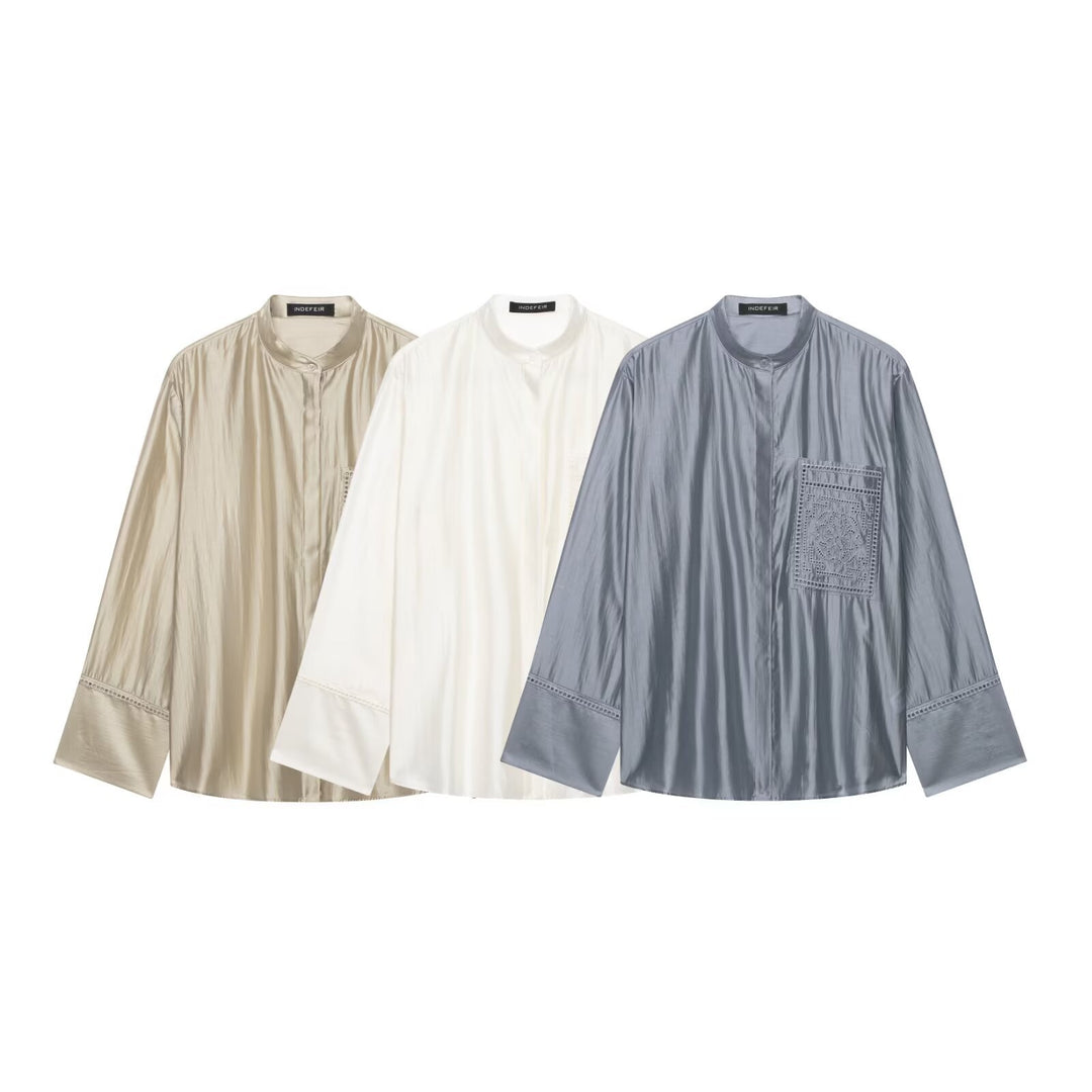 Damen Oversize Seidenoptik-Bluse mit Stehkragen und bestickter Brusttasche Echo Archiv