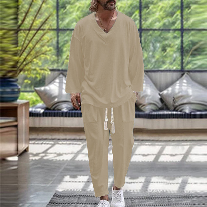 Herren lässiges Zweiteiliges Freizeitoutfit mit V-Ausschnitt und elastischem Bund Echoarchiv