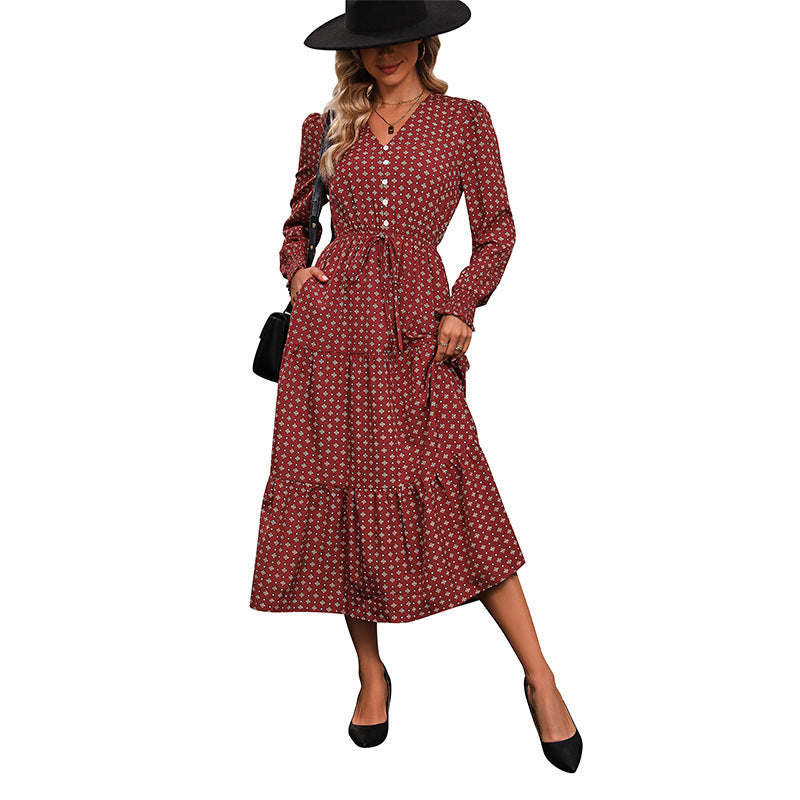 Damen Elegantes Midi-Kleid mit Rüschen und Bindeband Echo Archiv