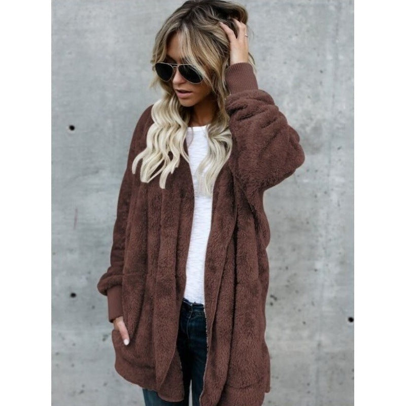 Damen Kuschelige Teddy‑Fleece‑Cardigan mit Kapuze, Oversize‑Schnitt und aufgesetzten Taschen – Veloura