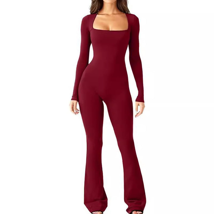 Damen nan figurbetonter Langarm-Jumpsuit mit quadratischem Ausschnitt und ausgestellter Schlaghose Echo Archiv