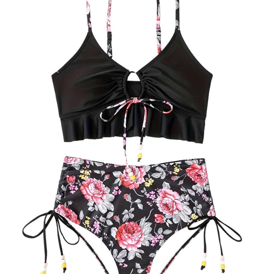 Damen Bikini-Set mit verspieltem Blumenmuster und seitlichem Bindeband Echo Archiv
