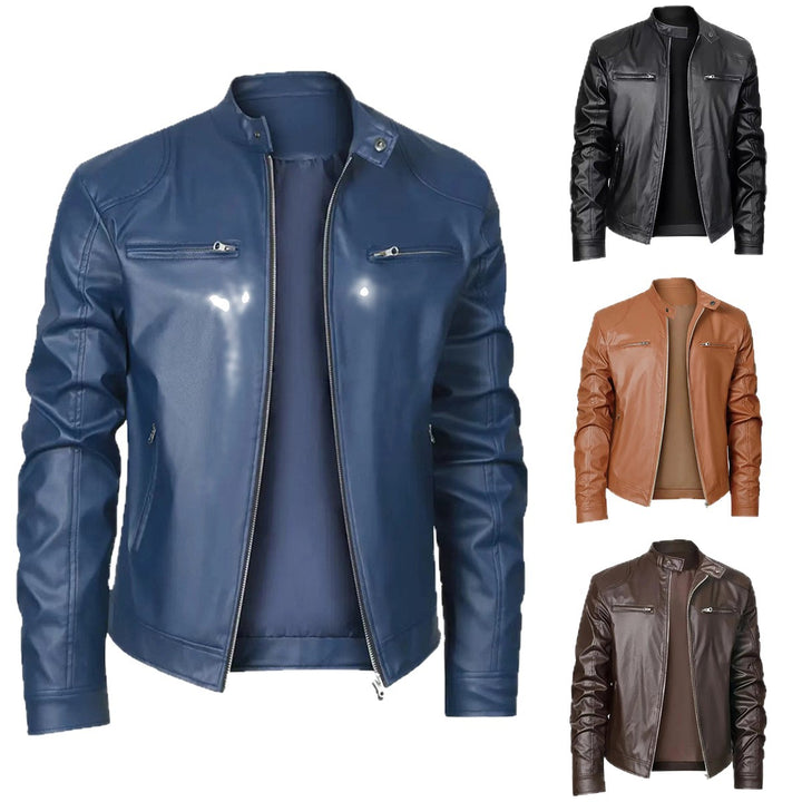 Herren nan schlanke Kunstleder-Bikerjacke mit Stehkragen, durchgehendem Reißverschluss und zwei Brusttaschen Echo Archiv