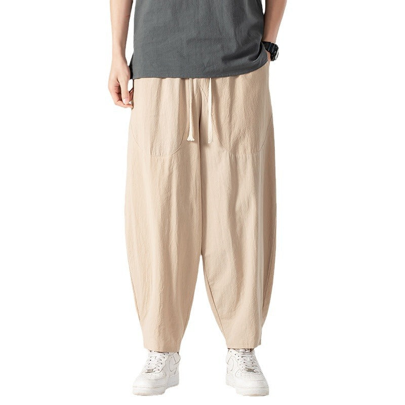 Herren Lässige Leinen-Baumwoll-Hose mit weitem Bein, Kordelzug und aufgesetzten Taschen Echoarchiv