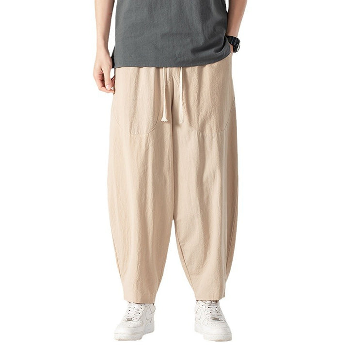 Herren Lässige Leinen-Baumwoll-Hose mit weitem Bein, Kordelzug und aufgesetzten Taschen Echoarchiv