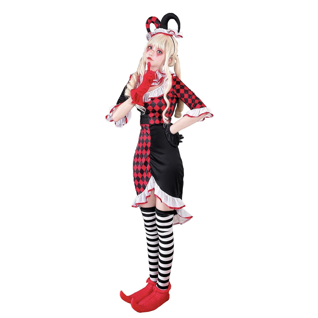 Mädchen Clownkostüm mit verspielt gestreiftem Strumpf und Hut Echo Archiv