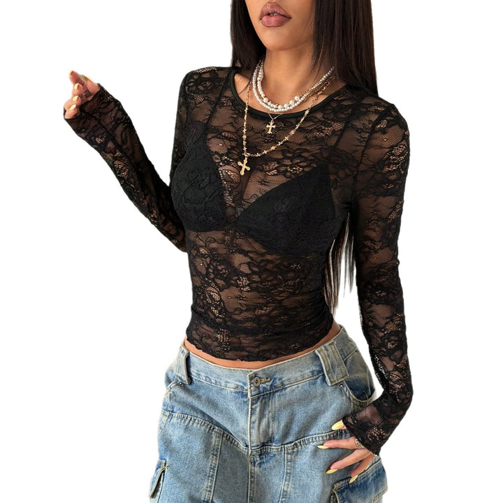 Damen nan tailliertes transparentes Spitzen-Longsleeve mit floralem Ajourmuster und Stretch Echo Archiv