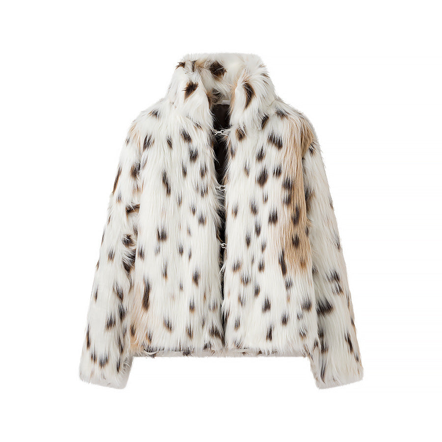 Damen Kurzfelljacke aus Kunstfell mit Leoprint und kastiger Silhouette Echo Archiv
