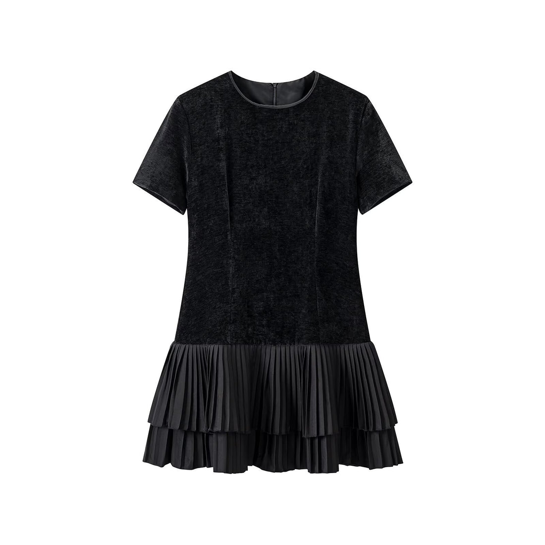 Damen Samt-Midikleid mit kurzen Ärmeln und gestuftem Plisseerock Echoarchiv