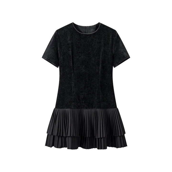 Damen Samt-Midikleid mit kurzen Ärmeln und gestuftem Plisseerock Echoarchiv